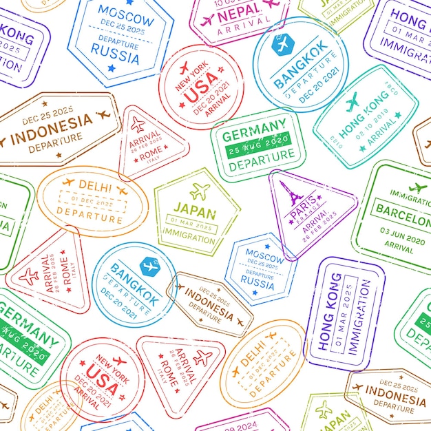 seamless pattern of colorful visa stamps from passport control offices in various countries
