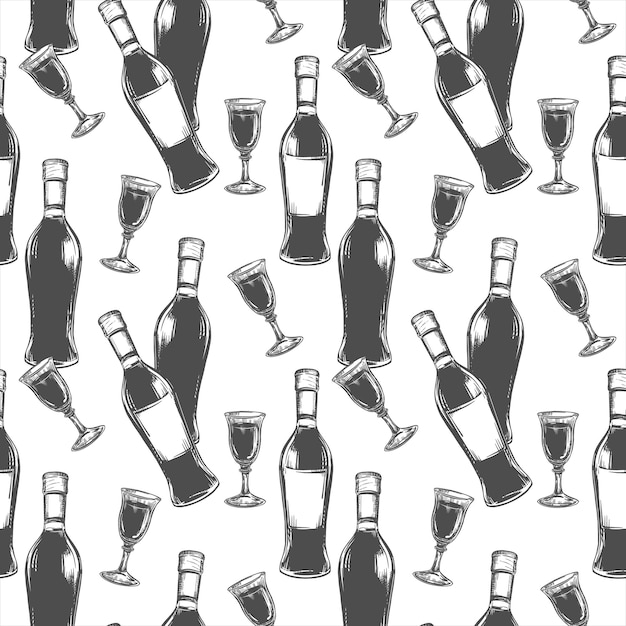 seamless pattern of wine glasses and bottles vector illustration imitating a brush and black ink drawing clipart for a winery wine menu or packaging fusion of grunge and vintage effect