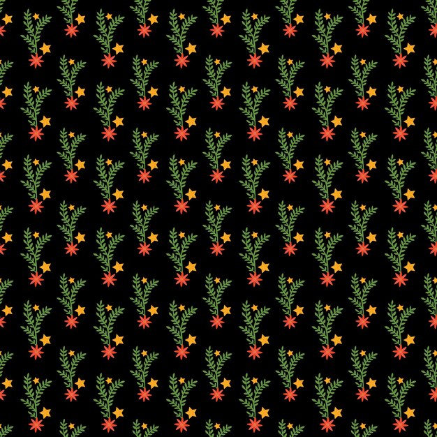 Seamless Pattern With Red Flowers and Green Foliage on Black Background