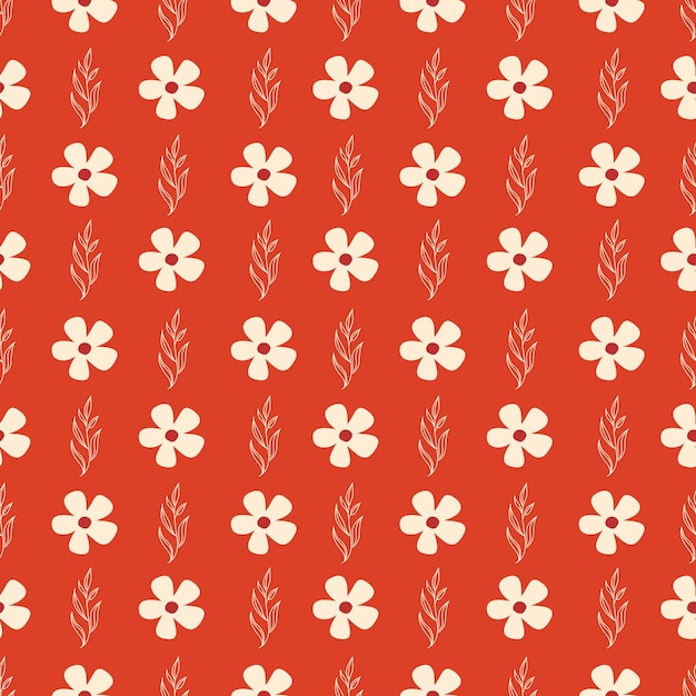 Seamless pattern with simple flowers and leaves on red background