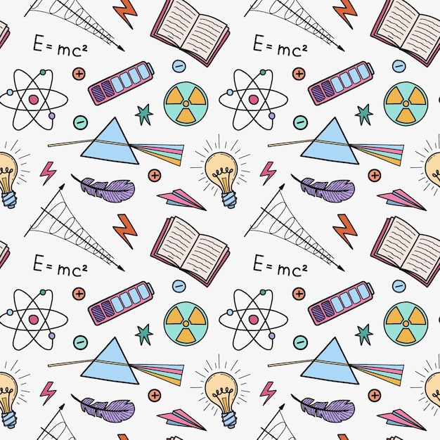 Seamless Science Symbols Pattern Hand drawn doodle vector background
