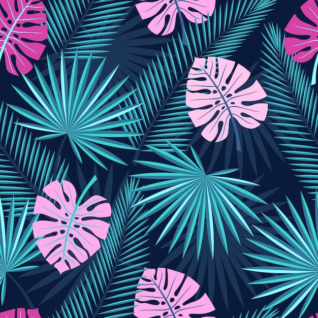 Seamless, tropical, hojas, palma, monstera, seamless, plano de fondo, con, tropical, hojas