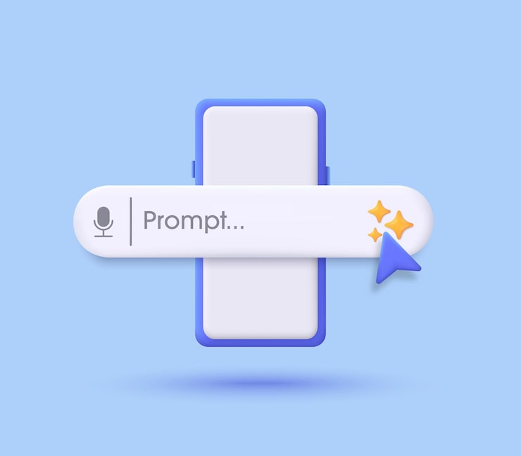 Vector search engine bar and smartphone 3d ai assistant and tool concept of artificial intelligence input prompt as commands for search and analysis by ai trendy and modern vector in 3d style