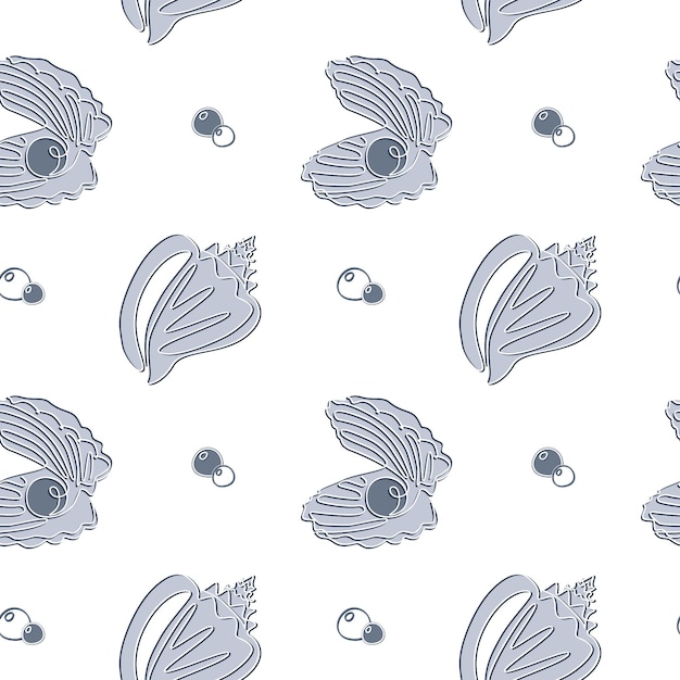 Seashell seamless pattern en un dibujo de línea. fondo de océano náutico de vector dibujado a mano con conchas de mar y perlas. perfecto para textiles, papel tapiz y estampados.