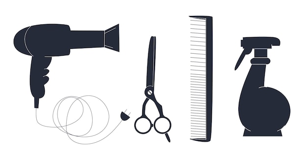 Secador de pelo peine tijeras y spray Accesorios de corte y peinado del cabello Ilustración de vector plano