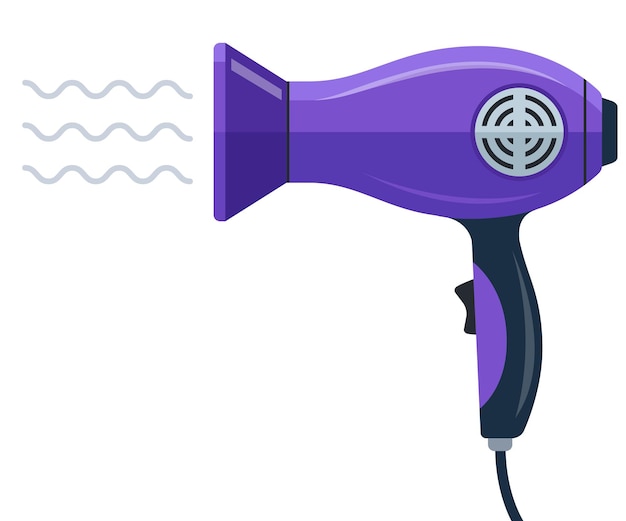 Secador de pelo púrpura sopla aire sobre un fondo blanco. ilustración vectorial plana.