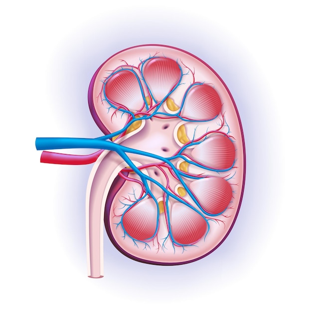 Sección transversal de ilustración 3d de vasos sanguíneos y arterias vistos en riñón humano utilizados en medicina