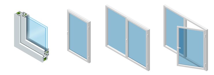 Vector sección transversal isométrica a través de un cristal de ventana perfil de pvc laminado grano de madera, blanco clásico. conjunto de diagrama de sección transversal de ventanas acristaladas.