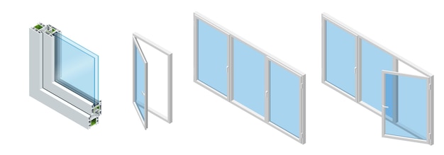 Sección transversal isométrica a través de un cristal de ventana Perfil de PVC laminado grano de madera, blanco clásico. Conjunto de diagrama de sección transversal de ventanas acristaladas.