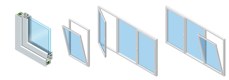 Vector sección transversal isométrica a través de un cristal de ventana perfil de pvc laminado grano de madera, blanco clásico. conjunto de diagrama de sección transversal de ventanas acristaladas.