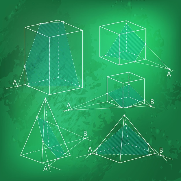 Secciones de imágenes matemáticas de fondo de geometría de poliedros en pizarra