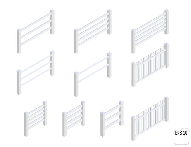 Secciones de valla blanca isométrica. constructor de vallas. valla de madera de varias formas.