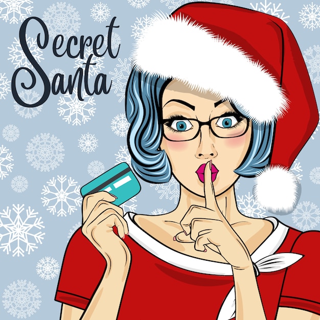 Secret girl santa con tarjeta de crédito. mujer del arte pop