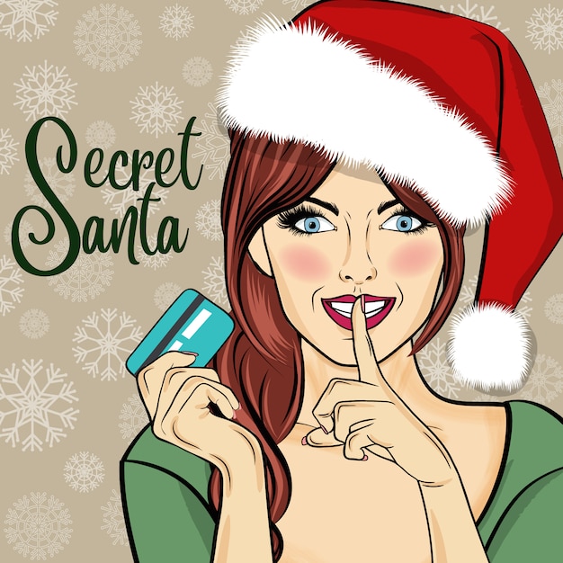 Secret girl santa con tarjeta de crédito. mujer del arte pop