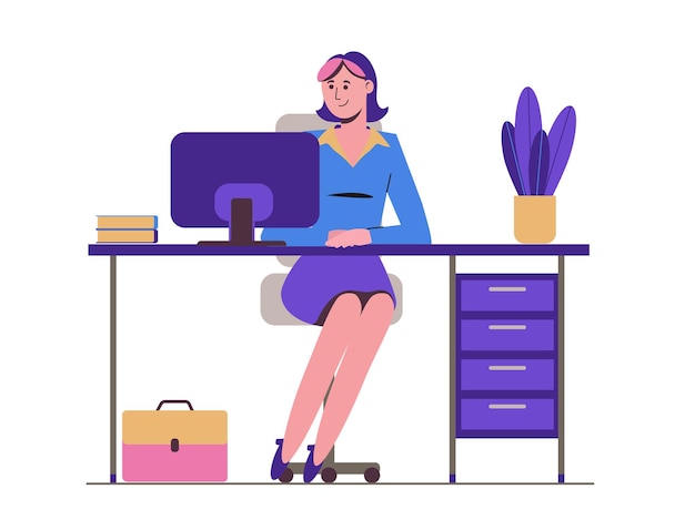 La secretaria de la muchacha está sentada en la mesa. Empleado de oficina. Trabaja en la computadora.