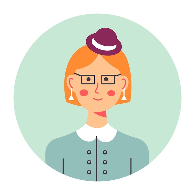 Secretaria o retrato de trabajador de la empresa de personaje femenino, dama elegante aislada con aretes y sombreros. perfil profesional de chica joven para medios o avatar. vector profesional en estilo plano