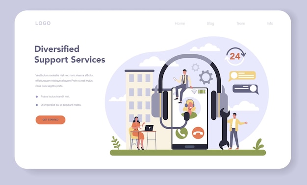 Sector de suministros y servicios comerciales de la plantilla web o landing page de economía. servicio de soporte. proporcionar al cliente información valiosa. idea de centro de llamadas.