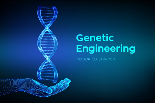 Vector secuencia de adn en mano. estructura de moléculas de adn de estructura metálica de malla.