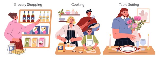 Secuencia de preparación de la fiesta de cena que muestra compras de comestibles, cocina con la familia y preparación de una mesa