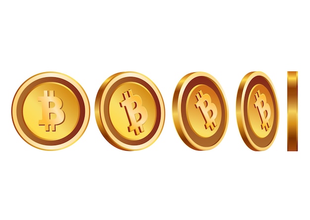 Secuencia que muestra una sola moneda de bitcoin dorada desde cinco ángulos de rotación diferentes sobre un fondo blanco