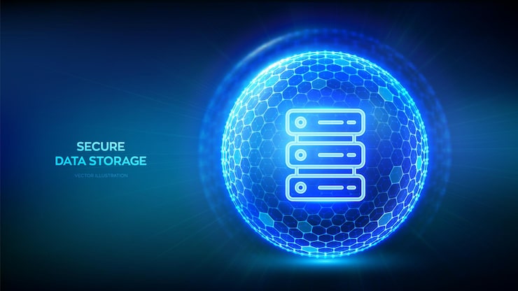 Vector secure data storage computer server and database storage security data center protection server hosting abstract 3d sphere shield with surface of hexagons with server icon vector illustration