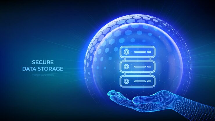 Vector secure data storage server and database storage security data center protection server icon inside transparent protection sphere shield with hexagon pattern in wireframe hand vector illustration