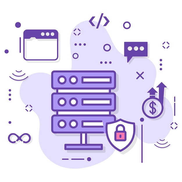 Secured vps rack vector icon design, cloud computing y servicios de alojamiento de internet símbolo