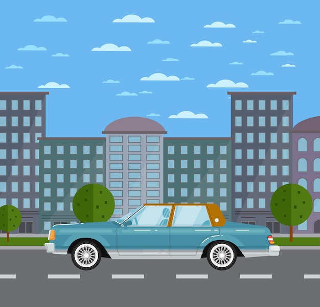Sedán retro clásico en paisaje urbano