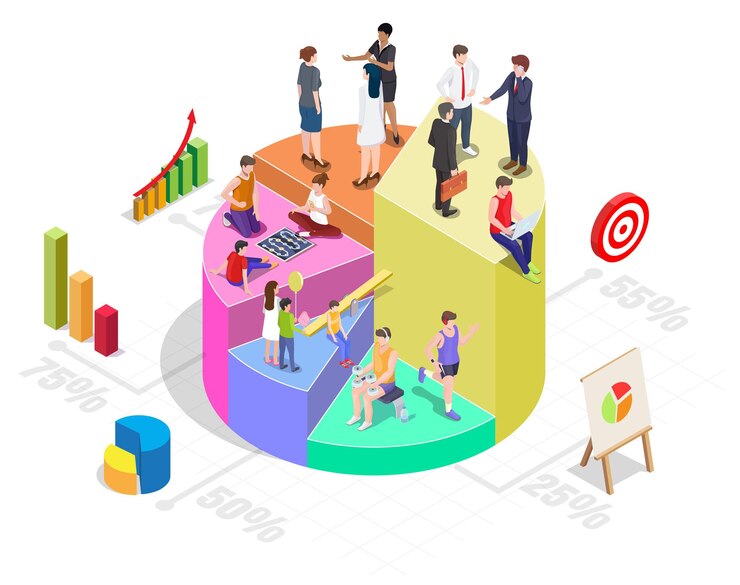 Vector segmentación de clientes audiencia objetivo análisis vector ilustración isométrica audiencia segmentación i...