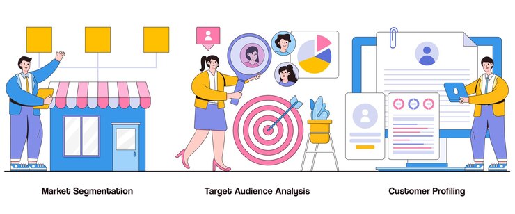 Vector segmentación del mercado análisis de la audiencia objetivo concepto de perfil del cliente con carácter segmentación de la audiencia conjunto de ilustraciones vectoriales abstractas metafora de marketing personalizada de la segmentación del mercado