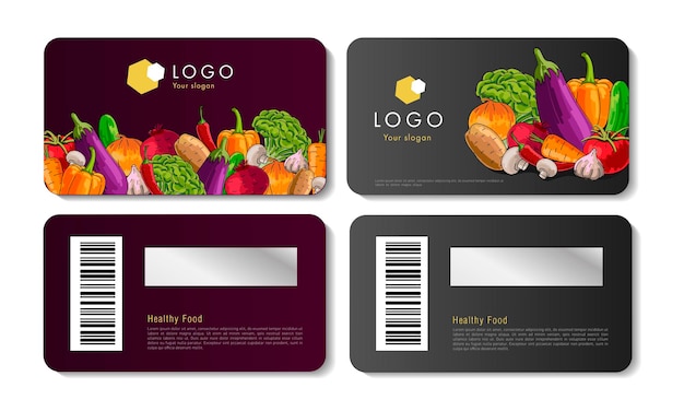 Segmento premium de tarjetas rasca y gana con ilustraciones brillantes de verduras y código de barras