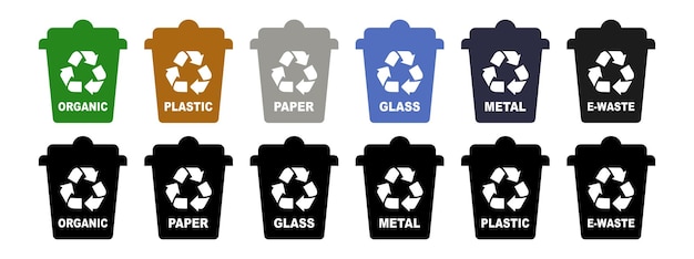 Segregación de residuos Latas con icono de reciclaje Contenedores de clasificación de residuos Contenedores para la clasificación de papel vidrio metal plástico orgánico