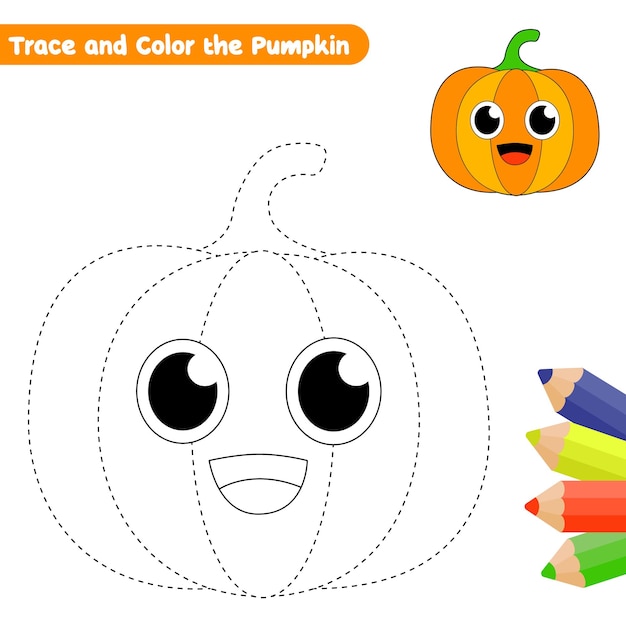 seguimiento de calabaza y página de colorear para niños vector con boceto colorido