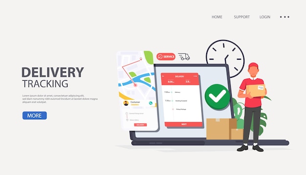 Seguimiento de la entrega y el éxito del paquete Courier desde un camión de dibujos animados plano de una computadora portátil con un paquete de almacén
