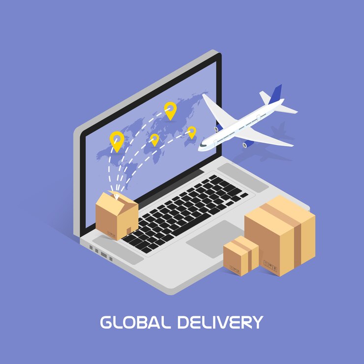 Vector seguimiento isométrico en línea. envíos y entregas globales por servicio aéreo. cajas de cartón con productos. aviones volando.