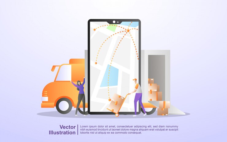 Vector seguimiento de pedidos en línea, entrega a domicilio, entrega gratuita y rápida, carga en línea, distribución logística