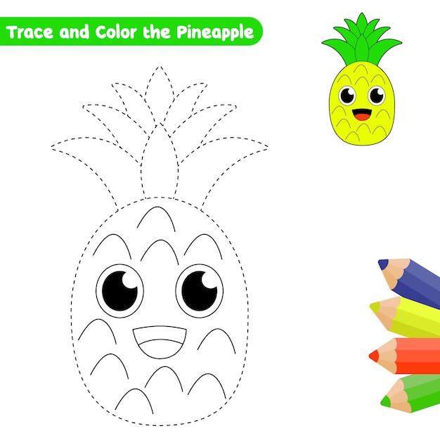 seguimiento de piña y página de colorear para niños vector con boceto colorido