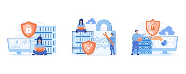 seguridad de bases de datos, phishing, concepto de ataque de piratas informáticos. piratas informáticos que roban datos personales, establecen una ilustración moderna de vector plano
