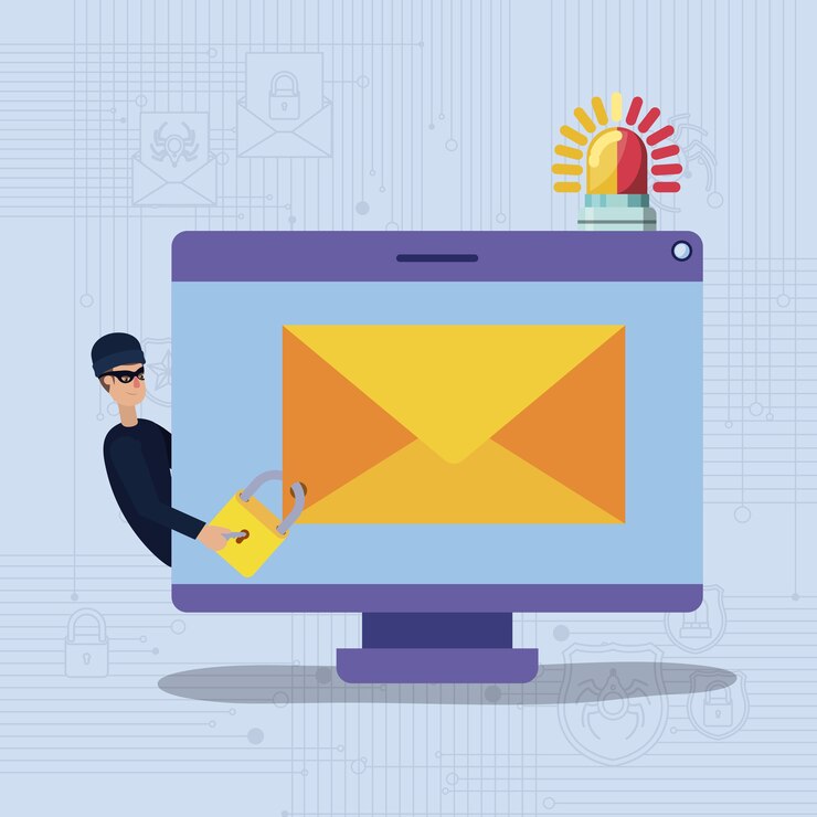 Vector seguridad cibernética con computadora y hacker