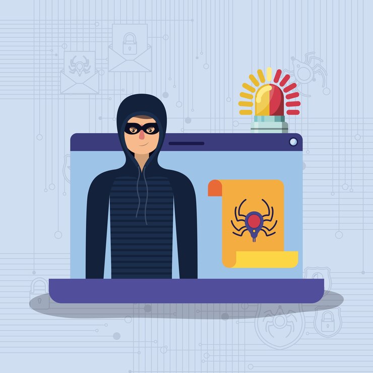 Vector seguridad cibernética con computadora portátil y hacker