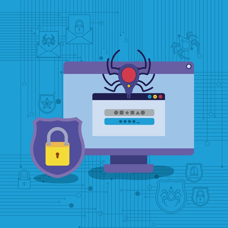 Vector seguridad cibernética con computadora