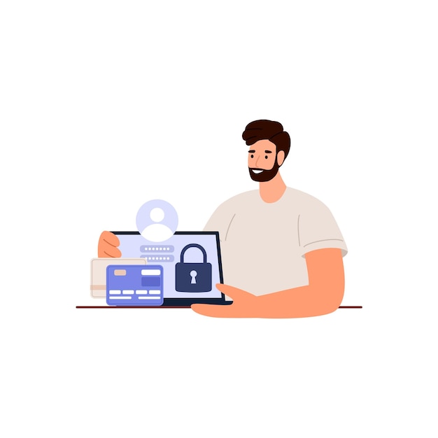 Seguridad cibernética concepto de privacidad y seguridad cibernética Defensor cibernético y computadora portátil Ilustración vectorial de seguridad Acceso personal Autorización de usuario Internet y protección de datos Ciberseguridad