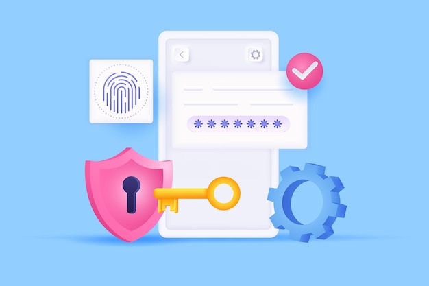 Seguridad cibernética en concepto de teléfono móvil Ilustración 3D Composición de iconos con contraseña en pantalla