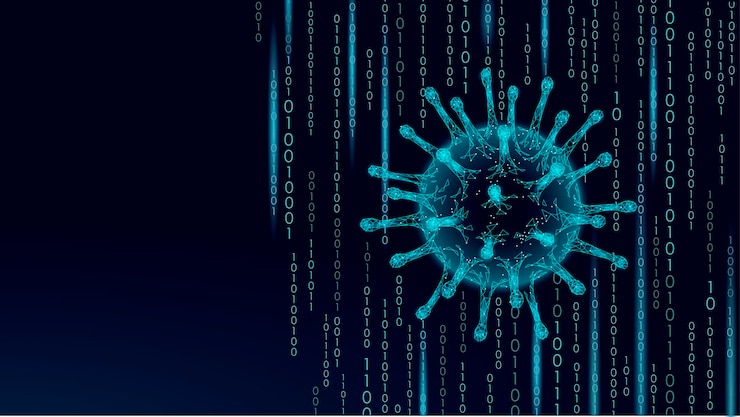Vector seguridad cibernética virus código binario digital flujo de datos protección de red seguridad de datos diseño de baja poli