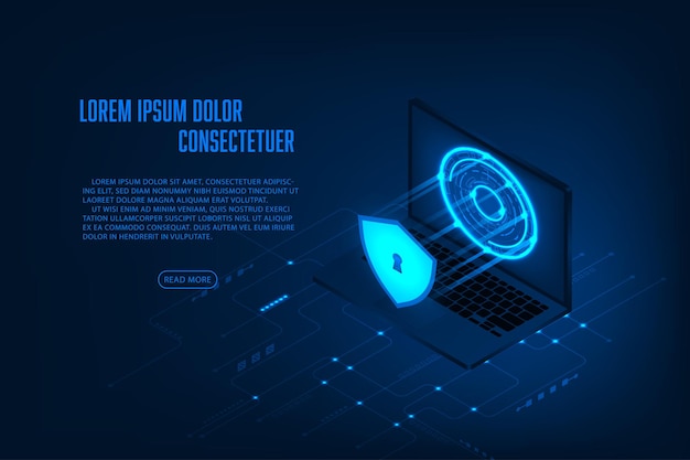 Seguridad de computadora portátil isométrica vectorial con concepto de contraseña Fondo abstracto de tecnología