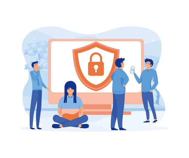 Seguridad de datos personas y computadoras con escudo y bloqueo seguridad informática protección de datos privacidad seguridad de la información digital conceptos de ciberseguridad vector plano ilustración moderna