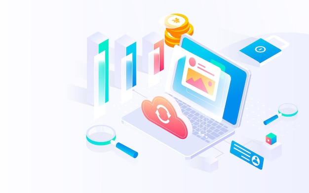 Seguridad de datos del servidor de Internet, ilustración vectorial isométrica de tecnología