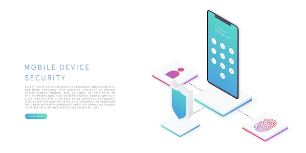 Seguridad del dispositivo móvil en la ilustración de vector plano isométrico