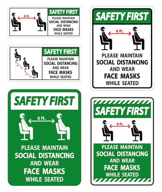 La seguridad es lo primero, mantenga la distancia social, use máscaras faciales, firme en fondo blanco.