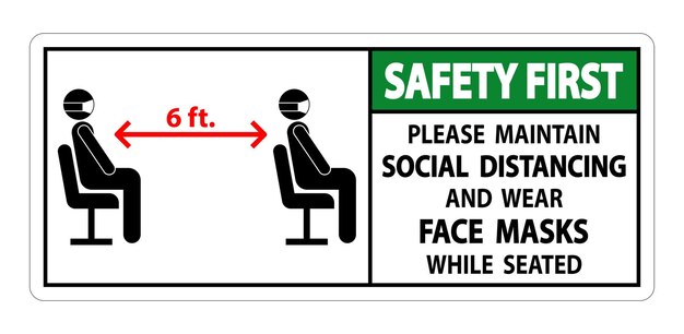 La seguridad es lo primero, mantenga la distancia social, use máscaras faciales, firme en fondo blanco.